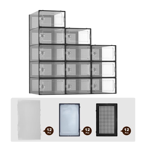 RULLINE 12 Pack Extra Large Shoe Storage Boxes, Transparent Stackable Shoe Boxes for Closet, Sneaker Storage Boxes, Foldable Shoe Rack