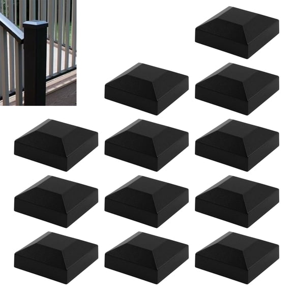 RULLINE 12 Pcs Aluminum Fence Post Caps 2" x 2" Black Post Caps Fence Top Caps, Pressure Fit Post Cover for Wood, Metal, Mailbox, Sign Posts, Deck Railings