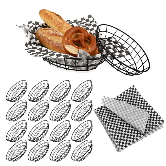 RULLINE 12 Pcs Black Wire Bread Baskets with 100 Checked Deli Paper Liners – 9.65" x 6.1" x 2.2" Metal Fast Food Serving Trays for Restaurants, BBQ, Picnics, Parties (Black)