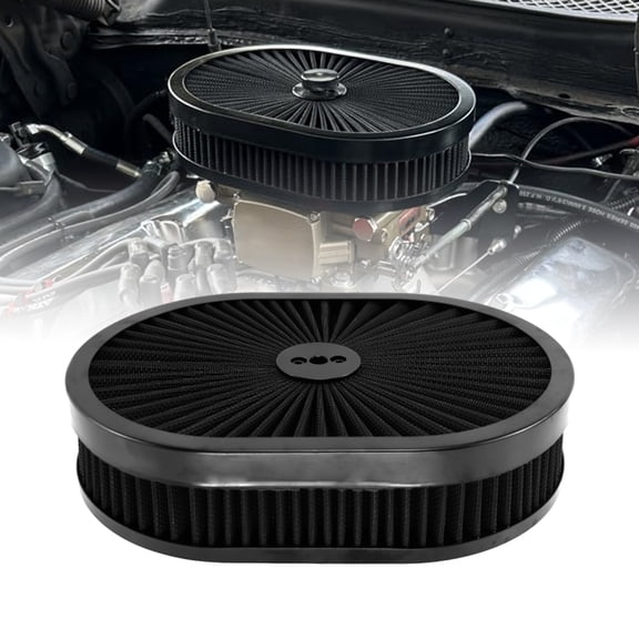 RULLINE 12" x 2" Oval Air Filter Assembly Kit Includes Flow-Thru Lid Washable Air Filter Element Compatible with Chevy Ford GMC Black