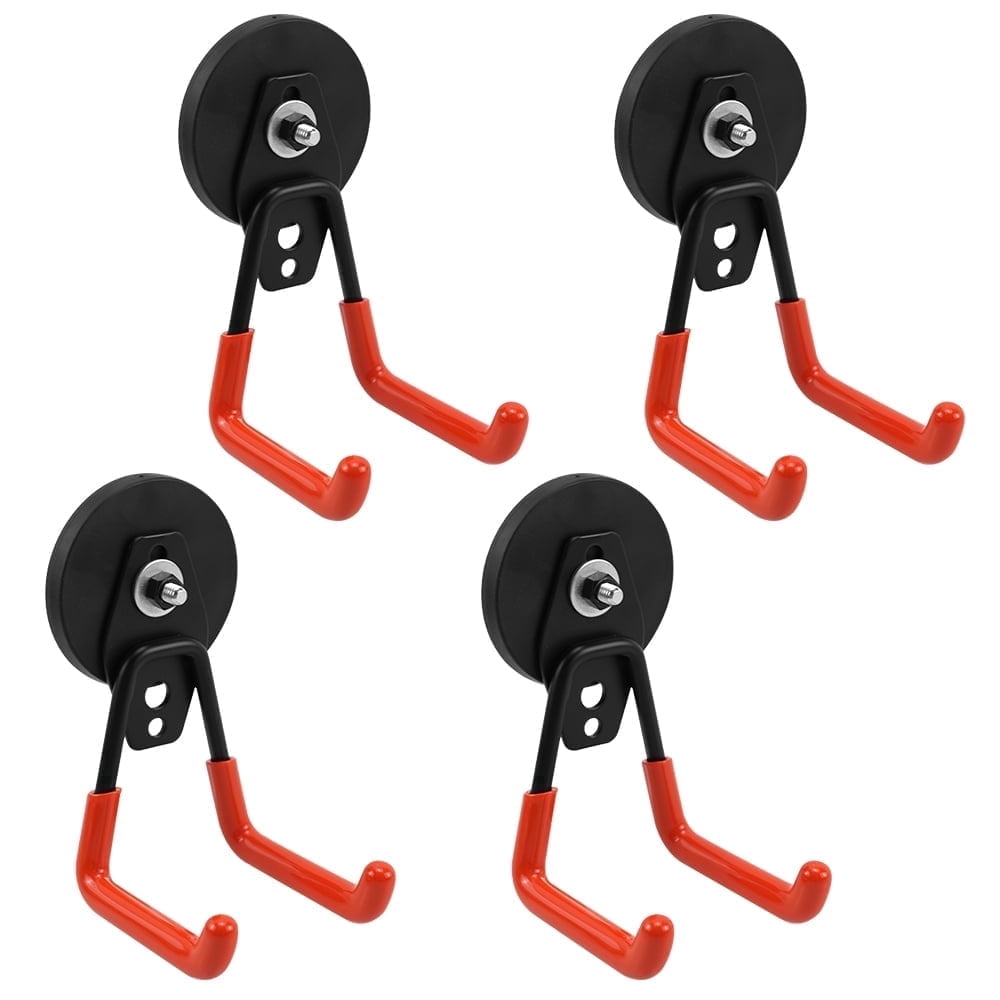 RULLINE  4 Pack Heavy Duty Magnetic Hooks - Strong 2-in-1 Dual Hook Design, No Drill Installation with Thick Rubber Coating for Garage, Workshop & Kitchen Tools, Indoor/Outdoor Storage (Orange)