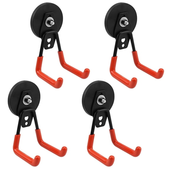 RULLINE 4 Pack Heavy Duty Magnetic Hooks - Strong 2-in-1 Dual Hook Design, No Drill Installation with Thick Rubber Coating for Garage, Workshop & Kitchen Tools, Indoor/Outdoor Storage (Orange)