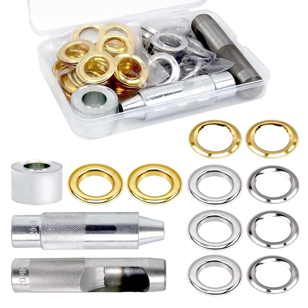 RULLINE 50 Sets 3/4" Grommet Tool Kit, Grommet Setting Tool Copper Grommets Eyelets, 2 Colors,with 3 Pcs Install Tool