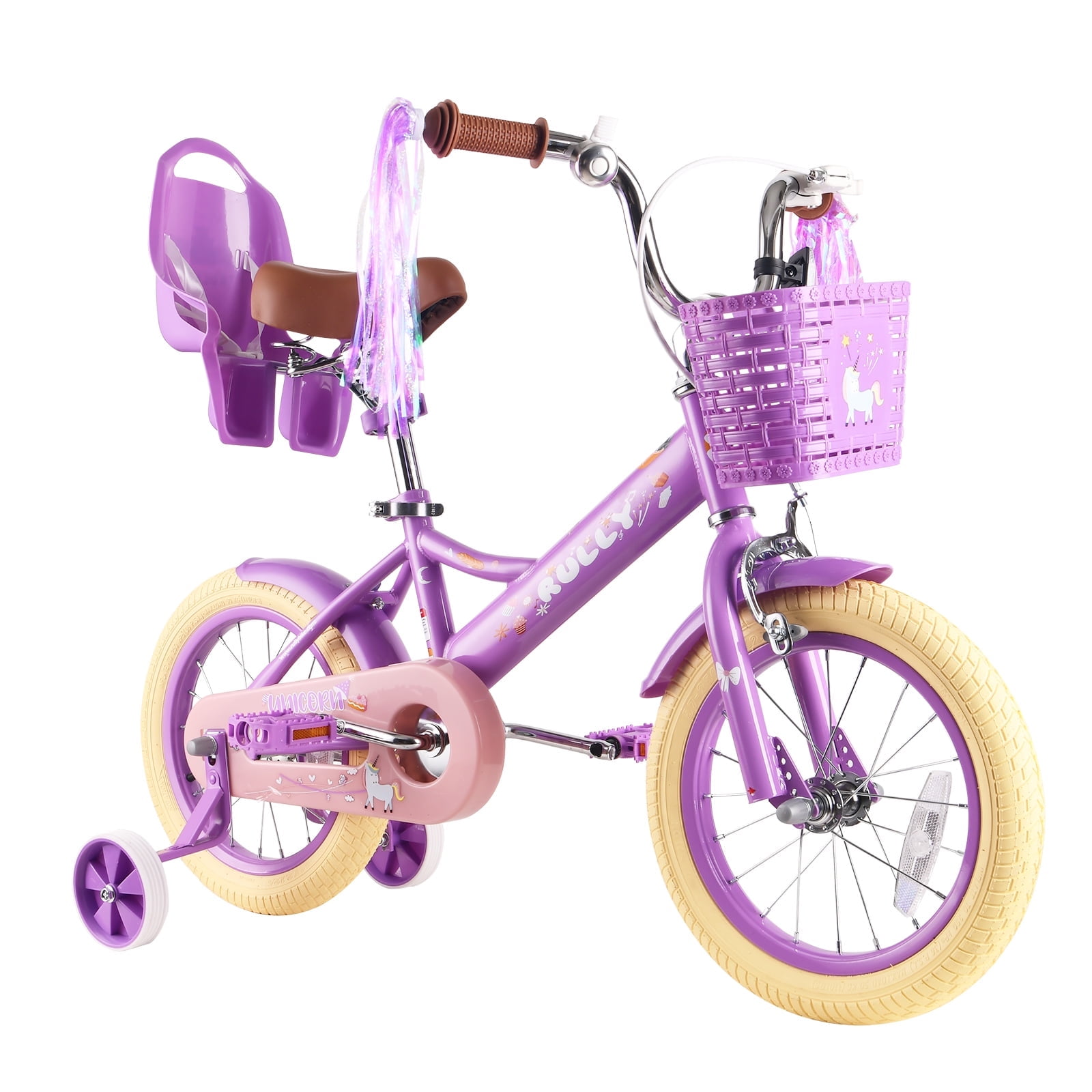 RULLY 12 Inch Girls Bike with Basket Bike Streamers Toddler Cycle Bikes Purple