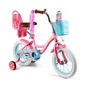 Rully 14 inch Girls Bike with Basket, Doll Seat and Training Wheels, Pink Kids Bicycle for Ages 3-5