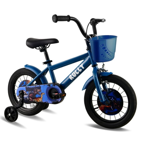 RULLY Dinosaur 12 Inch Boy's Bike for 2 3 Year Kid,Blue Theme Designs Kids Bicycle with Removable Training Wheels,Coaster Brake and Handbrake, Basket