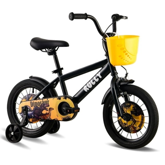 RULLY 14 Inch Dinosaur Kids Bike for Boys 3-5 Years, Bicycle with Training Wheels, Basket & Coaster Brake, Black