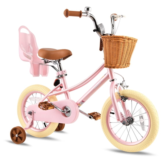 RULLY Kids Bike for Girls, 14 Inch Princess Girls Bicycle with Doll Bike Seat, Pink