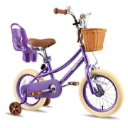 RULLY 16 Inch Girls Bike for Ages 4-7, Kids Bicycle with Training Wheels, Basket & Doll Seat, Purple Retro Cruiser Bike with Coaster Brake
