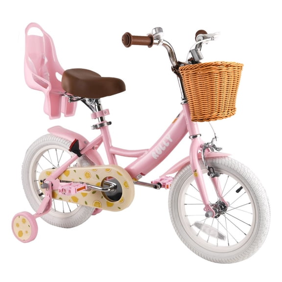 RULLY Lemon Kids Bike 14 Inch Bicycle for Girls Ages 3 4 5 Years, Girl Bikes with Basket & Doll Seat,Pink