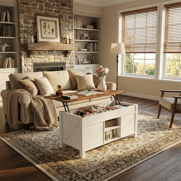 RUMLIVE Lift Top Coffee Table with Storage, Modern White Rectangle Coffee Table, Farmhouse & Rustic Rectangle Center Table for Living Room, Office, Brown Top