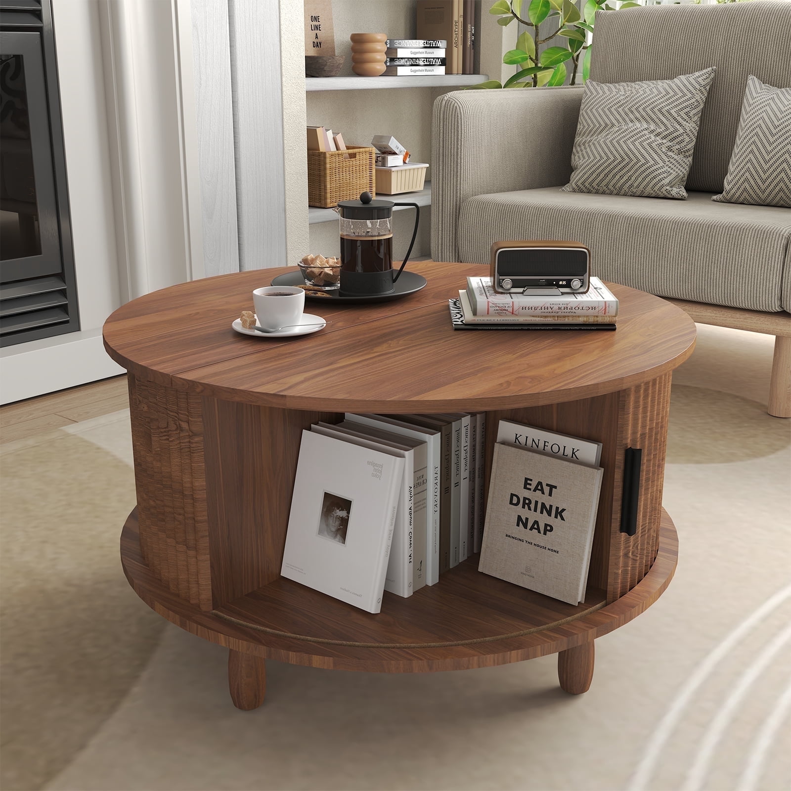 Strafriture Round Coffee Table with Storage, 30.7" Modern Coffee Table with 360° Curved Sliding Door, Fluted Wood Coffee Table with Footpads, Round Center Table for Living Room, Walnut