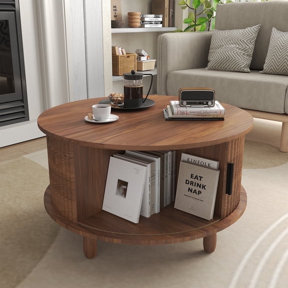 Strafriture Round Coffee Table with Storage, 30.7" Modern Coffee Table with 360° Curved Sliding Door, Fluted Wood Coffee Table with Footpads, Round Center Table for Living Room, Walnut