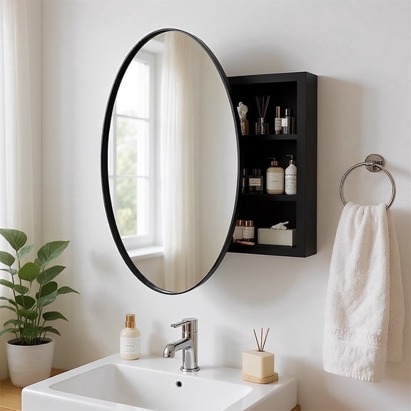 Strafriture Round Medicine Cabinet Mirror, Bathroom Mirror Wall Cabinet with Storage & Adjustable Shelf, Wall Mounted Cabinet Makeup Vanity Mirror for Bedroom, Black