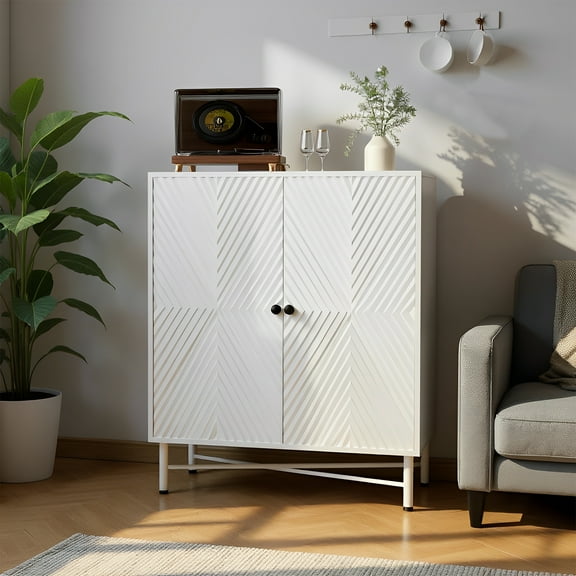 RUMLIVE Wine Bar Cabinet with Storage, Wine Rack and Glass Holder, Coffee Bar Cabinet with 2 Rows Wine Racks,Buffet Sideboard for Dining Room, Kitchen, Living Room, White