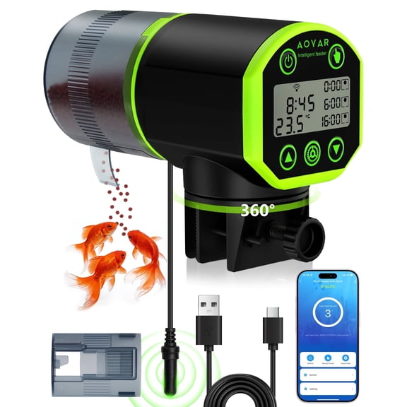 RUNACC WiFi Automatic Fish Feeder for Aquarium: App-Controlled Auto Feeders for Tank Turtle Pond Betta with Water Temperature Monitoring & Alarm, Timed Auto-Feeding for Flake Pellet Vacation Weekend
