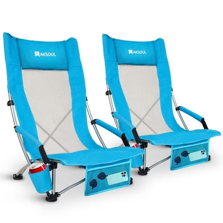 RUNACC High Back Folding Beach Chair: 2 Pack Packable Lightweight Chairs Comfortable Foldable High Low Profile Sand Chair Set with Cup Holder for Adult Outdoor Concerts Lawn Camp Picnic
