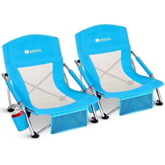 RUNACC Low Back Beach Chair, 2 Pack Foldable Portable Camping Chairs for Outdoor Concerts, Beach Trips, Picnics & Lawn Events, Blue