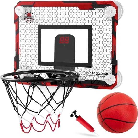RUNBOW Indoor Mini Basketball Hoop Wall Mounted Door with Powerful Suction Cups Red Scorer 43x30CM