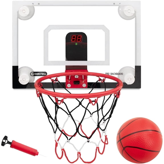 RUNBOW Indoor Mini Basketball Hoops Backboard with Powerful Suction Cups,Wall Mounted Door Basketball Hoops,Toys with Balls Gifts for Kids Boys Teens (43x30CM Black-White with Scorer)