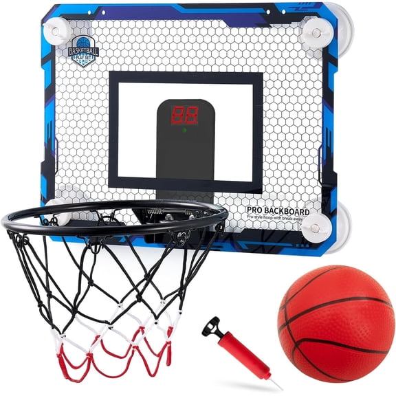RUNBOW Indoor Mini Basketball Hoops Backboard with Powerful Suction Cups,Wall Mounted Door Basketball Hoops,Toys with Balls Gifts for Kids Boys Teens (43x30CM, Blue Scorer)