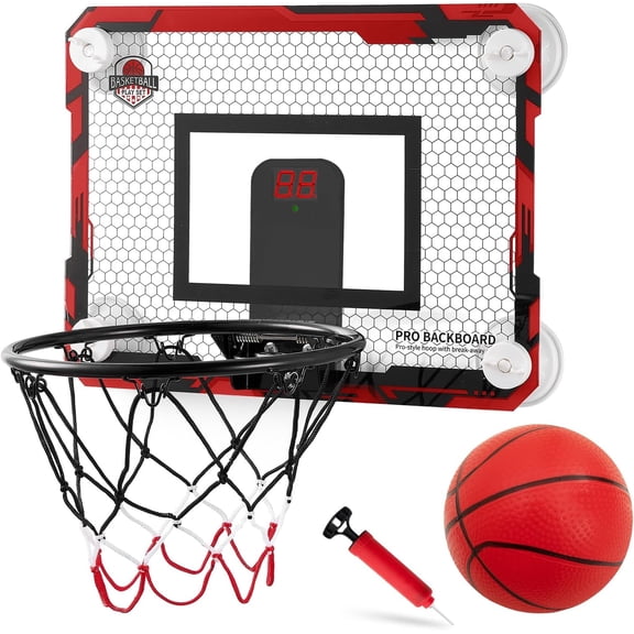 RUNBOW Indoor Mini Basketball Hoops Backboard with Powerful Suction Cups,Wall Mounted Door Basketball Hoops,Toys with Balls Gifts for Kids Boys Teens (43x30CM, Red Scorer)