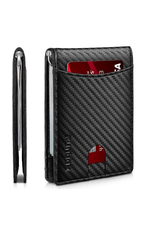 Mens Slim Genuine Leather Bifold Wallet, RFID Blocking Money Clip, Fathers Day Gift Box
