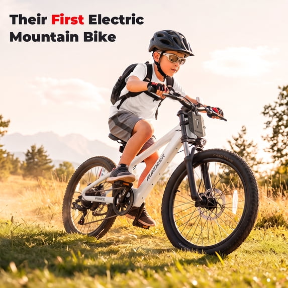 RUNDEER 20'' Electric Bike for Age 6-13, Kids Ebike, 250W, 48V/20Ah, 20MPH, 32 Miles Range, 2849 by TÜV Certificated, White