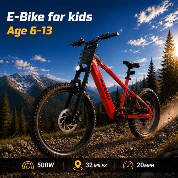 RUNDEER 20" Electric Bike for Teen, 32 mile Range, 7-Speed 6-13 EBike for Teens with Dual Suspension Brakes, UL 2849 by TÜV 48V/10AH Battery