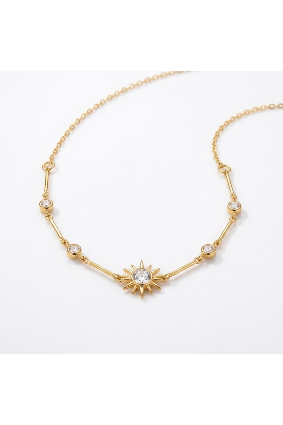 14K Gold Plated Sunburst Starburst Pendant Necklace Dainty Satellite Chain Cubic Zirconia Celestial Collarbone Necklace for Women