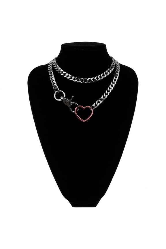 2 Layered Cuban Chain Choker Pink Heart O-Ring Y2K Punk Jewelry for Women