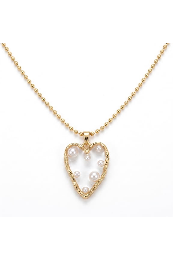 Gold Plated Hammered Hollow Heart Pendant Necklace With Floating Pearls Inside Ball Chain Y2K Sweet Necklace For Women
