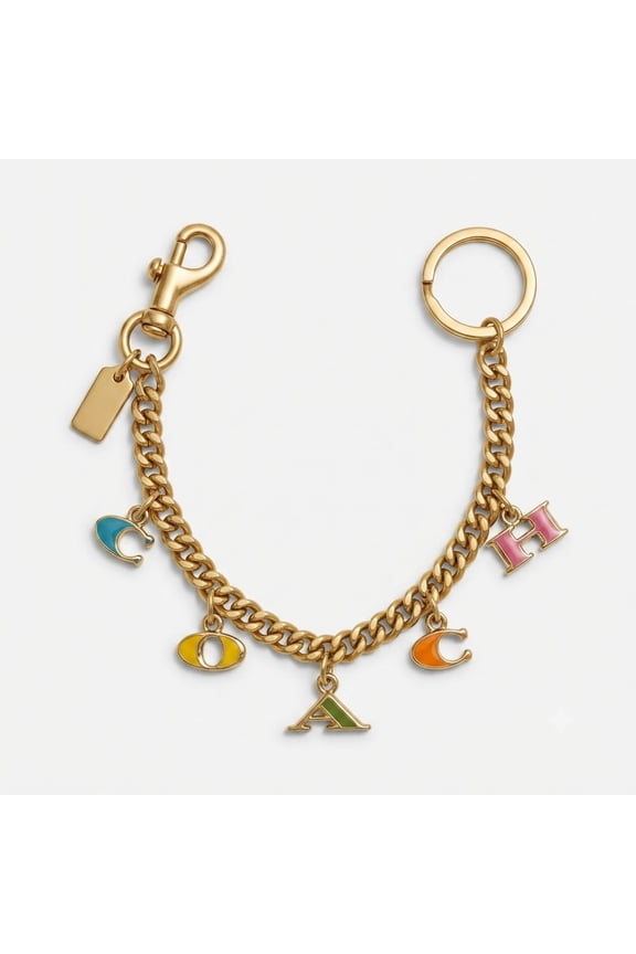 Gold Tone Curb Chain Bag Charm Letter Moon Purse Keychain for Women