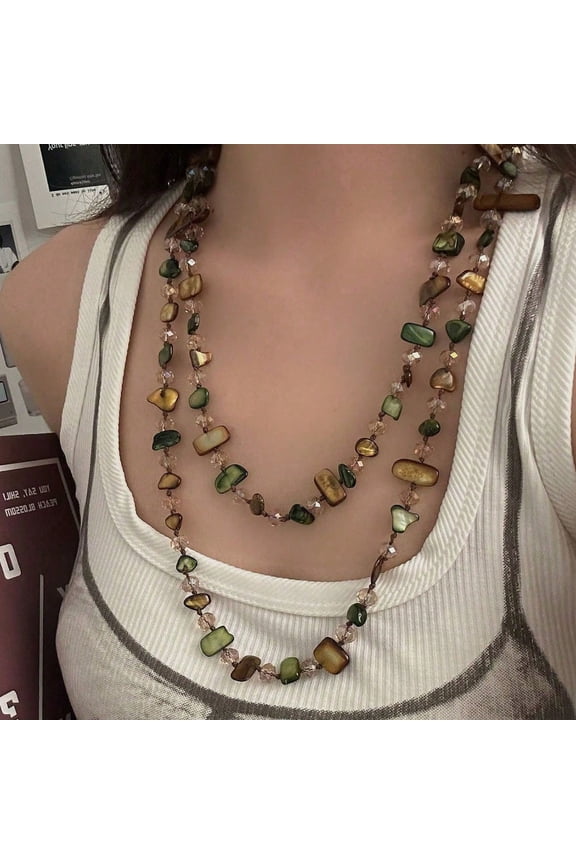 Irregular Natural Stone Layered Long Beaded Necklace Bohemian Multicolor Gemstone Strand Necklace for Women