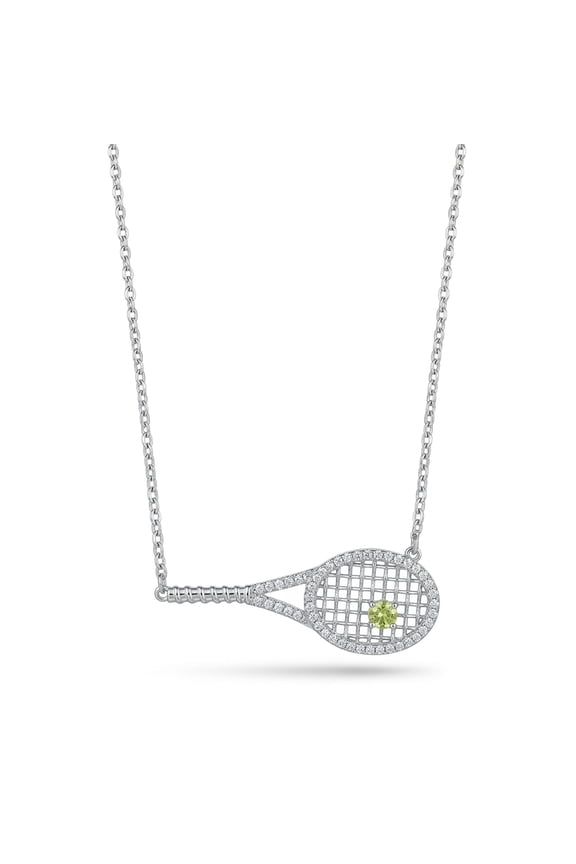 Silver Plated Cubic Zirconia Tennis Racket Pendant Necklace Dainty Sports Themed Jewelry for Women