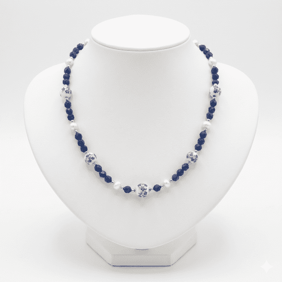 RUNDRAW Vintage Collar Jewelry for Women, Blue White Porcelain Imitation Pearl Beaded Necklace