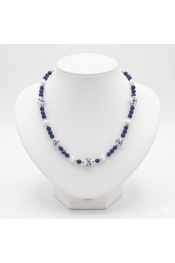 Vintage Collar Jewelry for Women, Blue White Porcelain Imitation Pearl Beaded Necklace