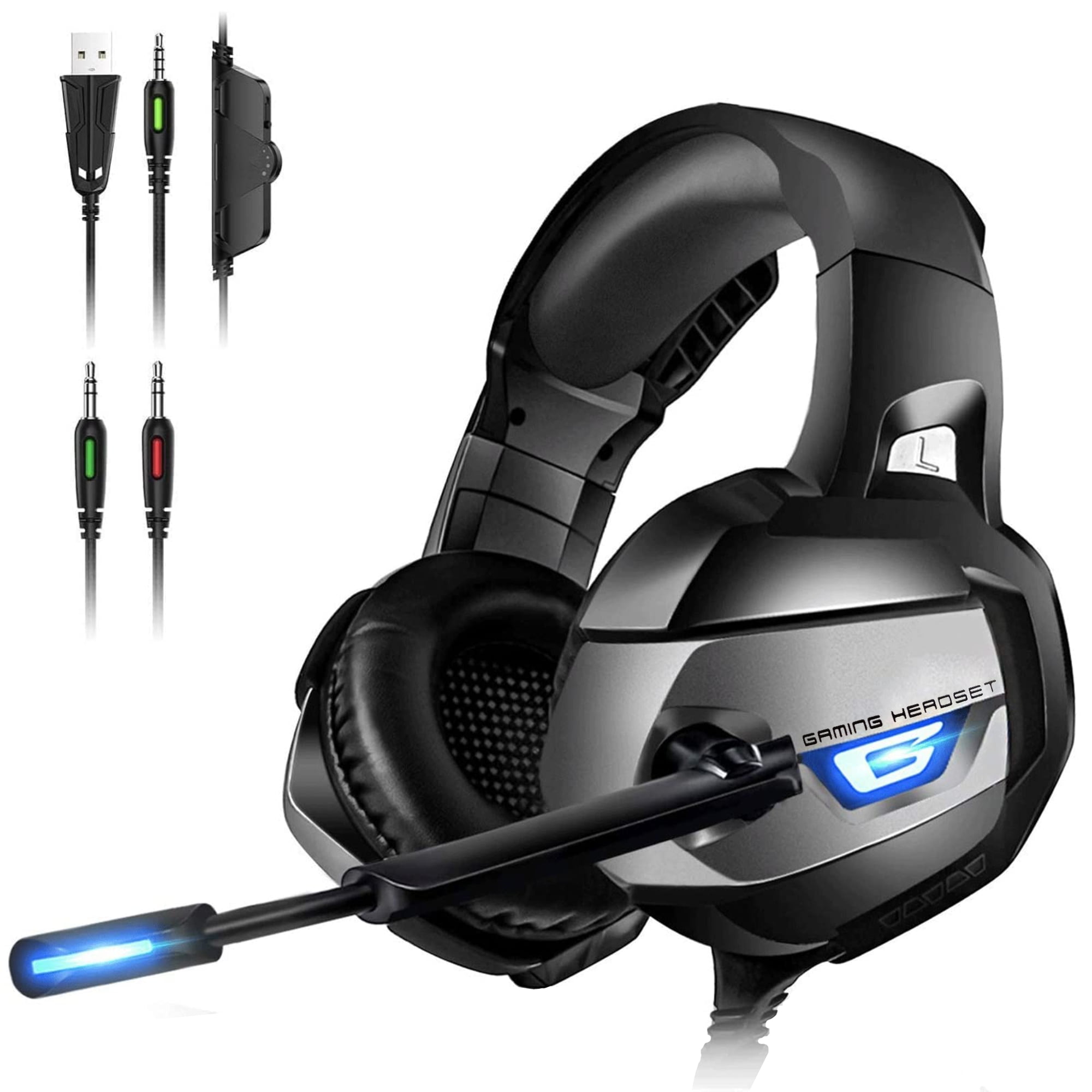 RUNMUS Gaming Headset PS4 Headset, Xbox Headset with 7.1 Surround Sound, Gaming Headphones Noise Cancelling Flexible Mic RGB Light Memory Earmuffs for PC, PS5, PS4, Xbox Series X/S, Switch