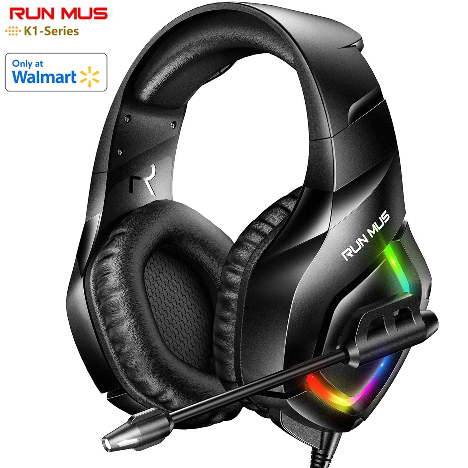 RUNMUS Gaming Headset PS4 Headset Xbox Headset with 7.1 Surround Sound Gaming Headphones Noise Cancelling Flexible Mic RGB Light Memory Earmuffs for