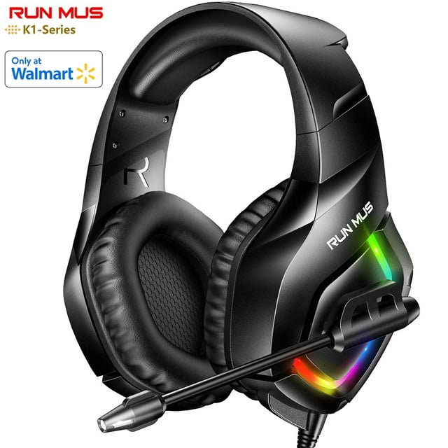 RUNMUS Gaming Headset PS4 Headset, Xbox Headset with 7.1 Surround Sound, Gaming Headphones Noise Cancelling Flexible Mic RGB Light Memory Earmuffs for PC, PS5, PS4, Xbox Series X/S, Switch