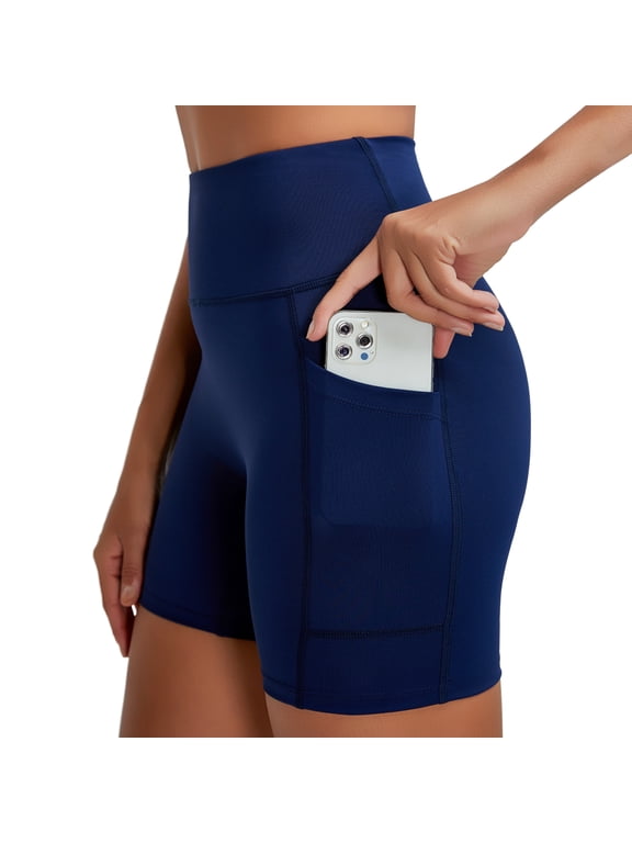 Women’s High Waisted Biker Shorts with Side Pockets, Tummy Control Stretch Workout Shorts for Yoga Gym Running