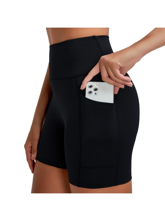 Women’s High Waisted Biker Shorts with Side Pockets, Tummy Control Stretch Workout Shorts for Yoga Gym Running