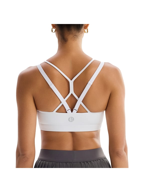 Women's Medium Support Sports Bra Adjustable Crisscross Back Square Neck Workout Yoga Bra with Built-in Molded Cups