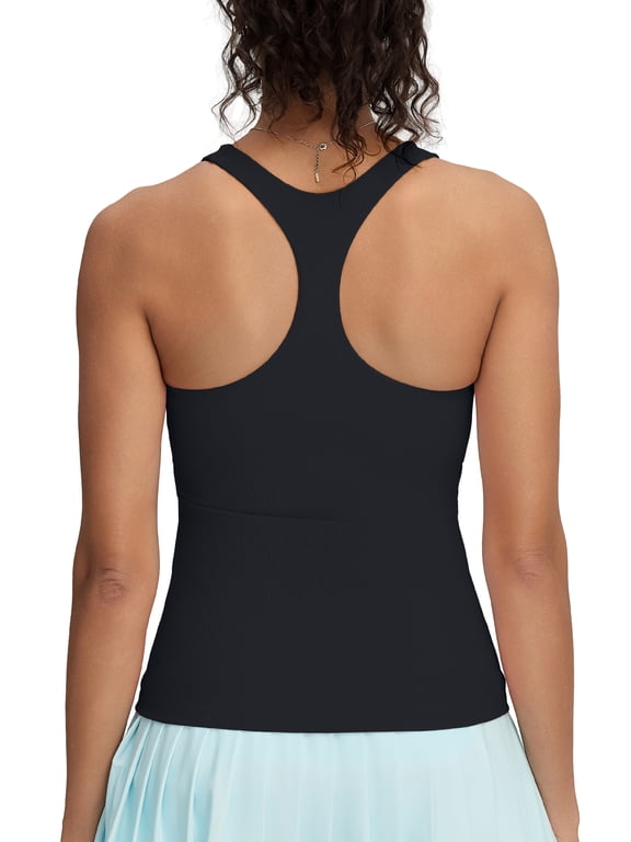 Women’s Racerback Workout Tank Top with Built-in Bra Longline Ribbed Athletic Yoga Top Padded Fitness Top