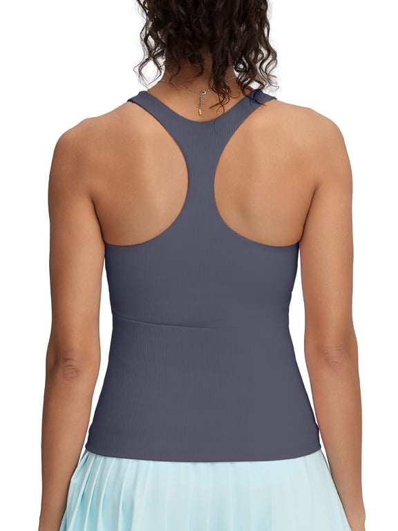 Women’s Racerback Workout Tank Top with Built-in Bra Longline Ribbed Athletic Yoga Top Padded Fitness Top