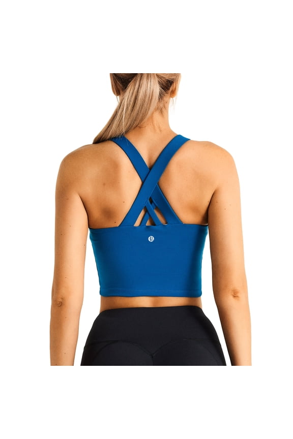 Women Strappy Crop Tank Top, Crisscross Back Medium Support Sports Bra Tank with Removable Padded Cups