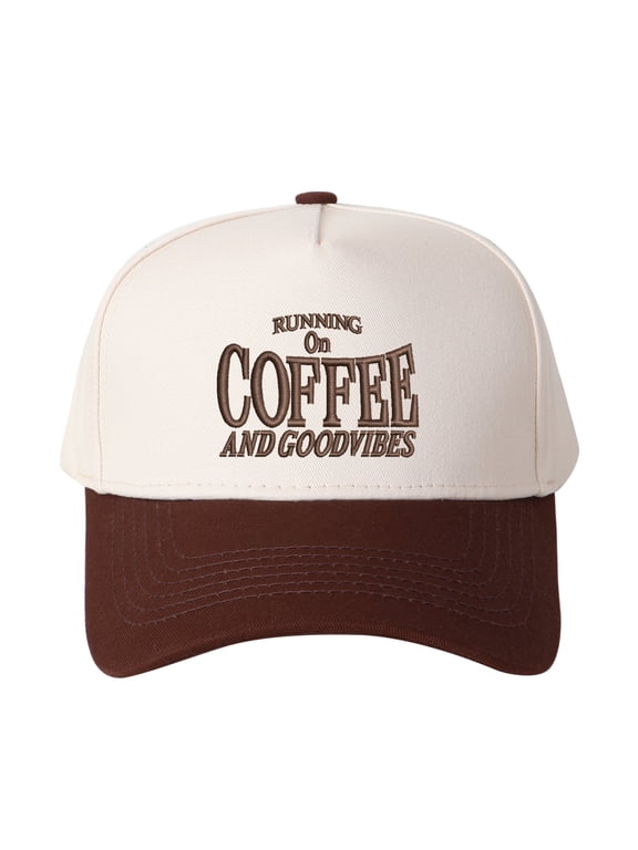 RUNNING ON COFFEE AND GOOD VIBES Letter Embroidered Color Block Trucker Hat Unisex Adjustable Cotton Breathable Fashion Cap for Travel Daily Wear