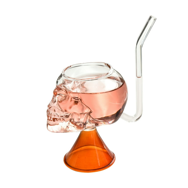 RUNOLIG Vintage Skull Glass Cup,With Built-In Straw,200ml/6.7oz