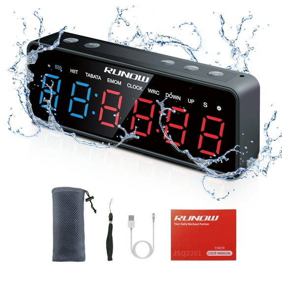 RUNOW Black Gym Timer, rechargeable interval timer with magnetic for boxing, Tabata, HIIT, EMOM, stopwatch