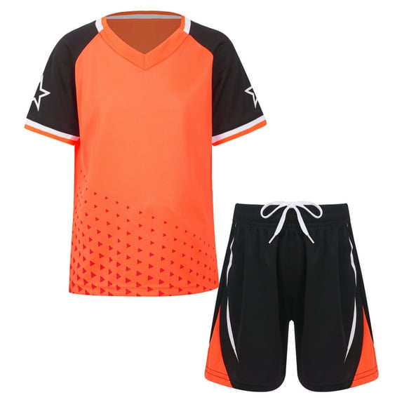 RUNQHUI Boys Soccer Football Jersey Outfits V-Neck Short Sleeve T-Shirt and Shorts Set Kids Sports Orange 4XS